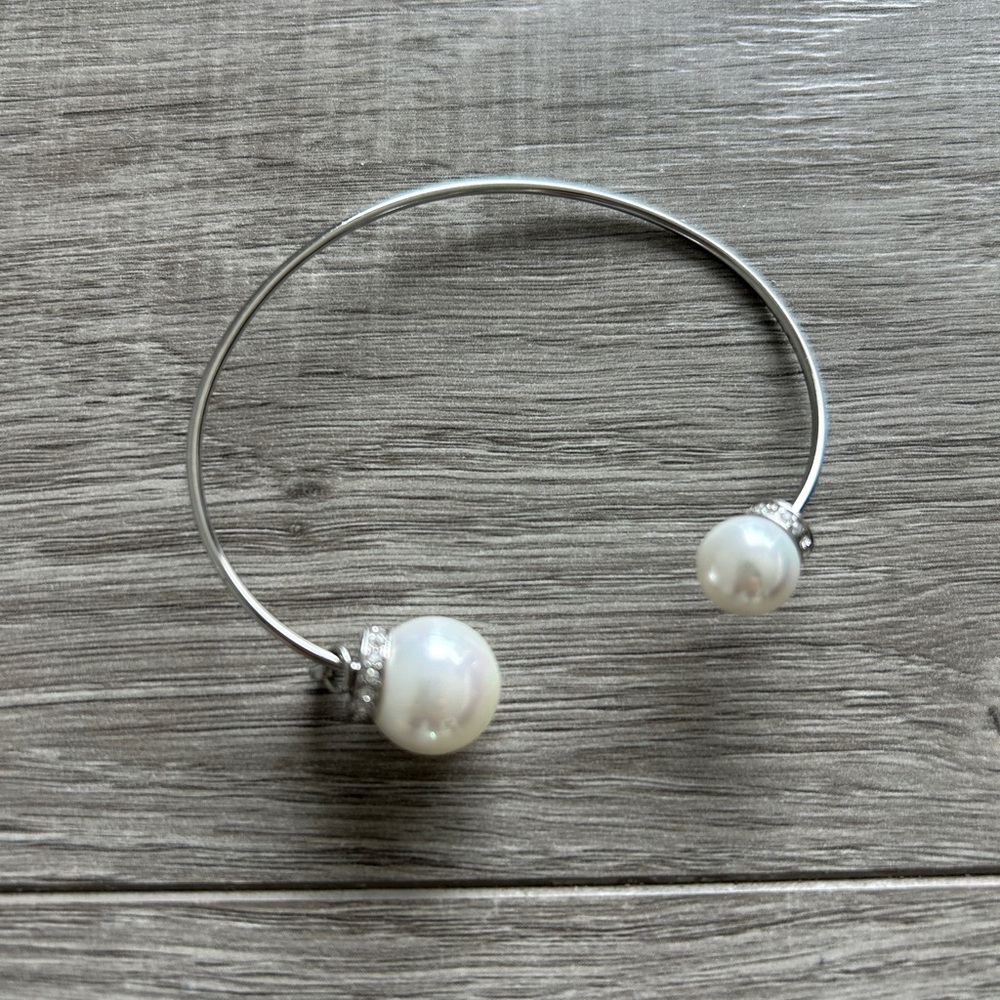Silver-Tone Pearl-Accent Open Bangle Bracelet